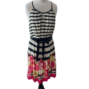 Elle Spring Tie Waist Dress Stripes and Floral Print Size Large